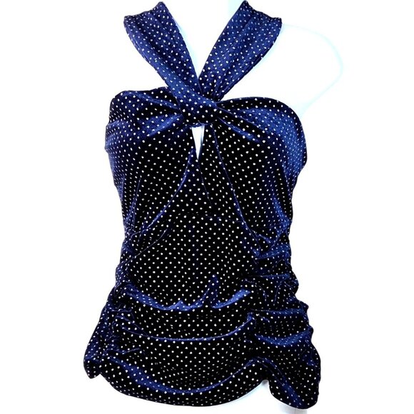 Sugarlips XL Nelly Dot Velvet Blythe Sleeveless Cocktail Top in Navy Blue Velvet - Picture 1 of 7
